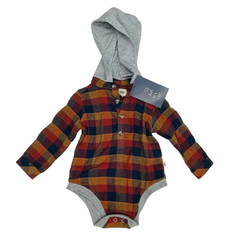 NWT Me & Henry 6/12M Plaid Woodbury Hooded Onesie